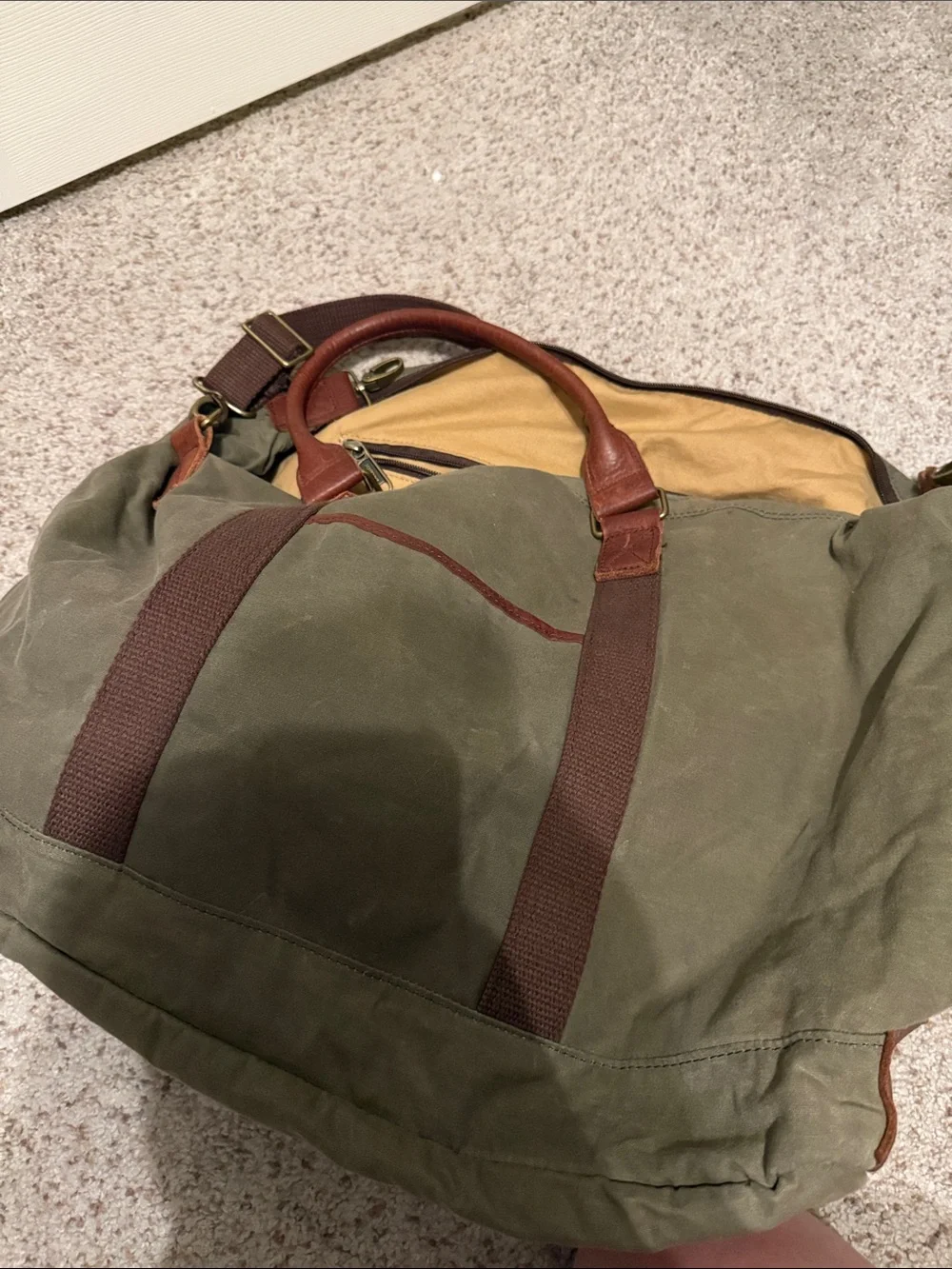 Duluth Trading Co Olive Canvas Duffel with Brown Leather Trim